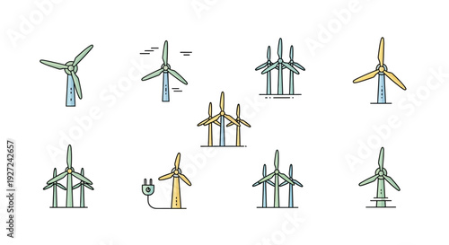 Set of simple line art wind turbines in various colors and configurations.