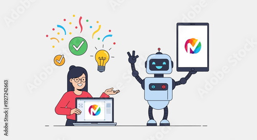 A woman and robot collaborating on a graphic design project with colorful icons and symbols surrounding them in a creative workspace