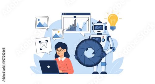 Woman working on laptop with robot assistant and multimedia graphics surrounding her in a futuristic workspace environment from a front viewpoint