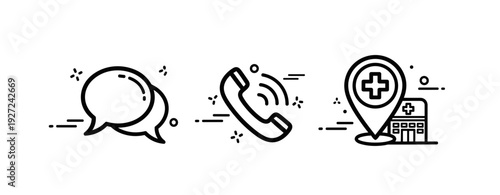 Medical communication icons: chat bubble, phone, hospital location pin on white background