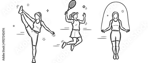 Women engaging in dance, tennis, and jump rope exercise activities