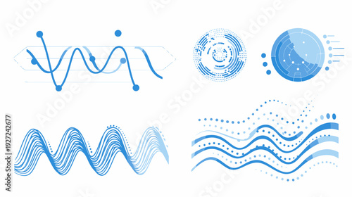 Various blue and white graphical elements, including waves, circles, and line graphs on a white background