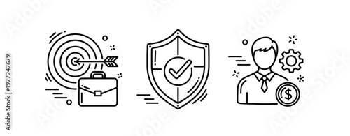 Business success icons: target achievement, security, and financial growth