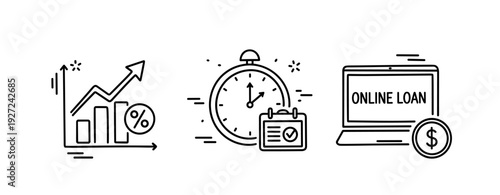 Financial growth, time management, and online loan concepts illustrated