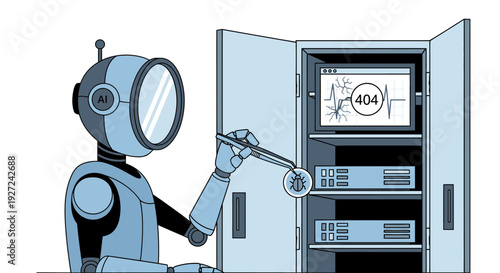 Robot Inspecting Server Cabinet with Diagnostic Tools in Industrial Setting