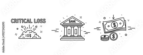 Financial crisis illustration depicting critical loss, banking institution, and currency notes