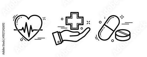 Healthcare symbols: heartbeat, helping hand, and medication icons
