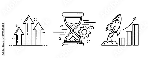 Business growth and innovation icons: arrows, hourglass, rocket