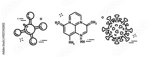 Molecular structures: methane, nicotine, coronavirus illustration in black and white