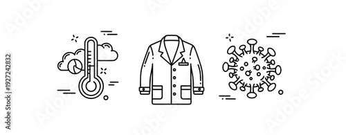 Medical icons: thermometer, lab coat, virus symbol in vector style