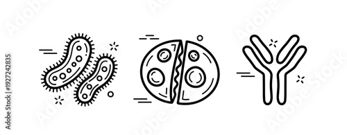 Bacteria, virus, and antibodies illustration in black and white outline