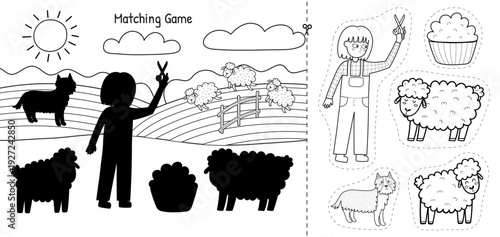 Cut and glue game with a cute girl shearing sheep and making wool on a green meadow. Educational activity page. Matching game for kids. Vector illustration