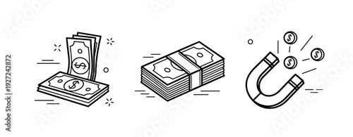 Vector art of stacks of cash and a magnet attracting coins