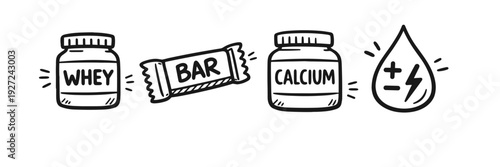 Hand-drawn nutrition icons: whey protein, energy bar, calcium, electrolyte
