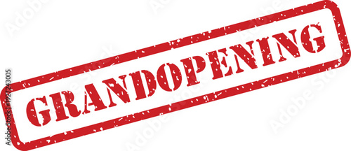 A prominent red GRANDOPENING rubber stamp marks an exciting new beginning on a pristine white surface