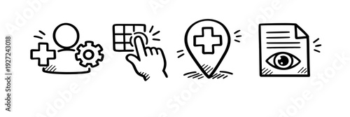 Hand-drawn medical icons: healthcare location, records, and interaction symbols