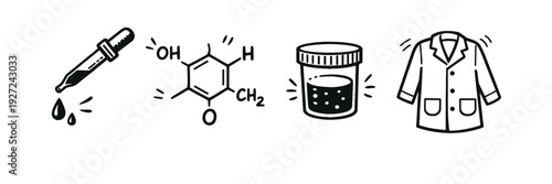 Scientific equipment: dropper, chemical structure, sample jar, lab coat illustration