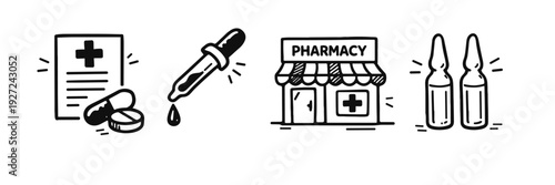 Pharmacy icons: prescription, medication, drugs, storefront, ampoules