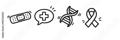 Medical icons: bandage, healthcare, dna, awareness ribbon in black and white