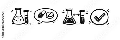 Hand-drawn chemistry and medicine icons featuring lab equipment