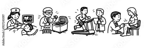 Healthcare professionals conducting medical tests and patient interactions illustrations
