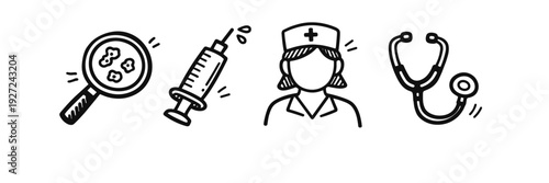Healthcare symbols: female nurse, microscope, syringe, stethoscope icons