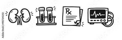 Healthcare symbols: kidneys, test tubes, prescription, heart monitor icons