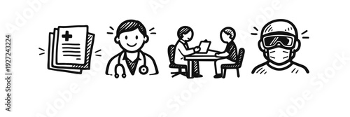 Healthcare professions and safety: doctor consultation and protective gear icons