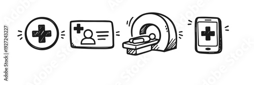 Healthcare icons: medical cross, id card, mri scanner, smartphone