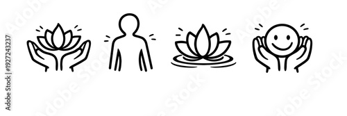 Minimalist icons of meditation and wellness with lotus and smiling face
