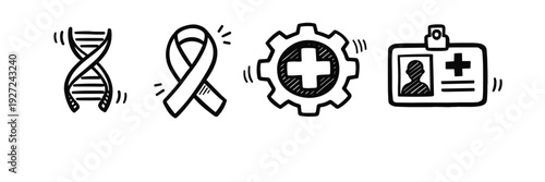 Medical icons: dna strand, awareness ribbon, healthcare gear, id badge