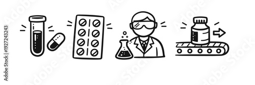 Pharmaceutical development process: test tube, pills, scientist, conveyor, medicine bottle