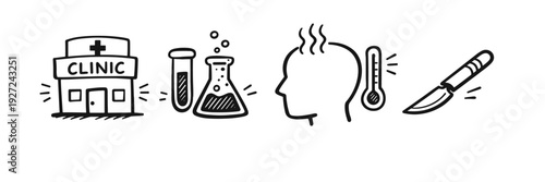 Healthcare symbols: clinic, lab tests, thermometer, surgery icons in black and white