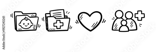 Healthcare icons: medical records, heart, family, wellness symbols