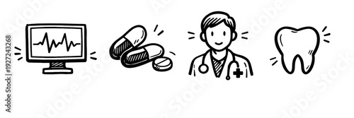 Healthcare doodles: monitor, pills, male doctor, tooth icon set