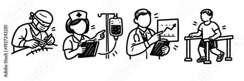 Medical team and patient: surgery, nursing, monitoring, rehabilitation