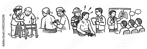 Healthcare professionals caring for diverse patients in medical settings