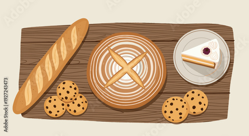 Assorted baked goods on a wooden cutting board