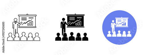 Icon set: business presentation with graphs and audience in black and white and blue