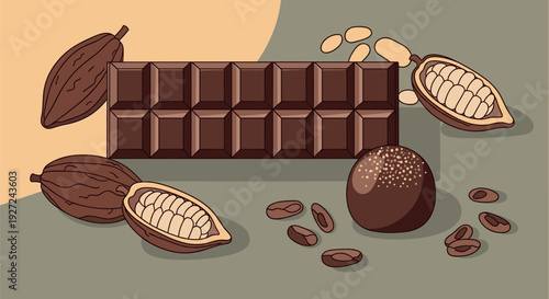 Chocolate bar with cocoa beans and nuts on a colored background