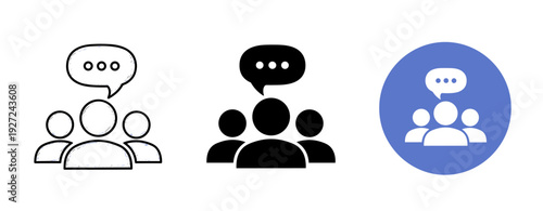 Three communication icons representing group conversations and social interaction