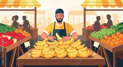 Man selling bananas and other fruits at outdoor market stall
