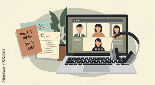 Remote team meeting on laptop with video call and notes