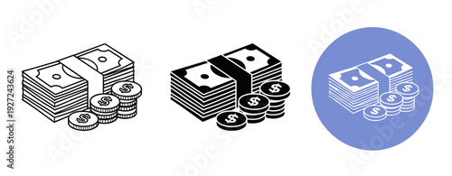 Stacks of cash with coins in different styles and colors