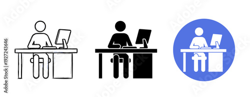 Simple desk work icons in sketch, solid, and flat styles