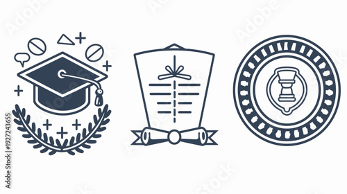 Three vector illustrations of education symbols, including a graduation cap and certificate