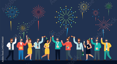 People celebrating with fireworks in the background at night