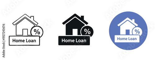Home loan icons: black and white minimalist designs with interest symbols