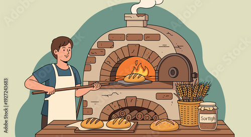 Man cooking bread in a brick oven with wooden peel tool