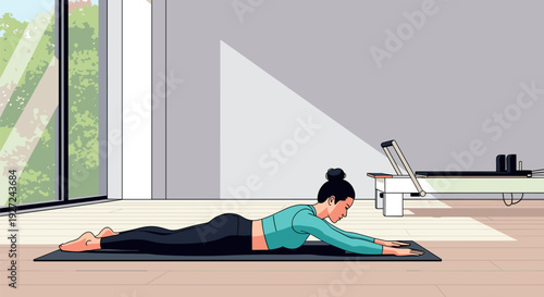 Woman doing sphinx pose on yoga mat in modern room